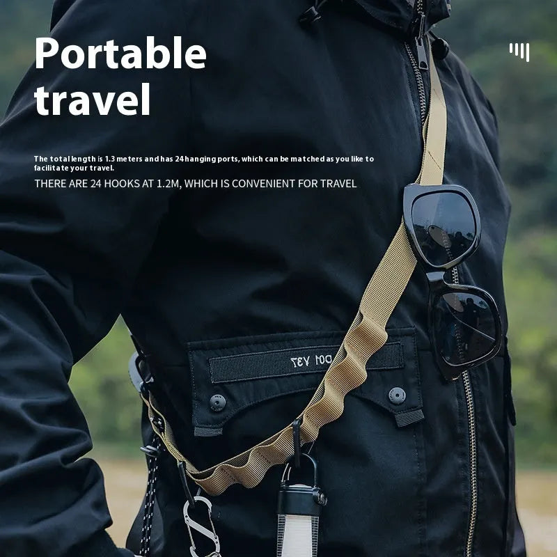 Outdoor hanging storage belt with aluminium hooks and 130cm polyester strap in black colour