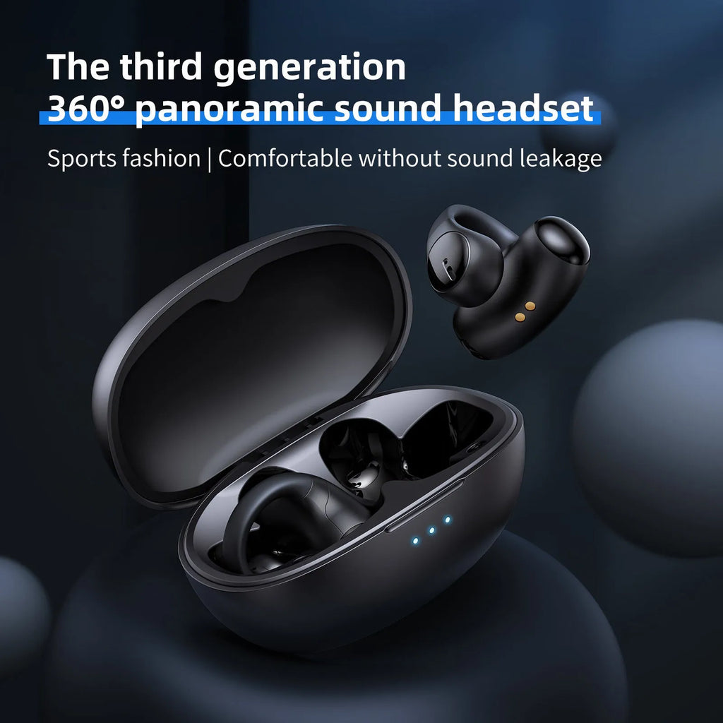 Black T306 wireless Bluetooth sports headset with ear hook and clip-on design for gaming and fitness.