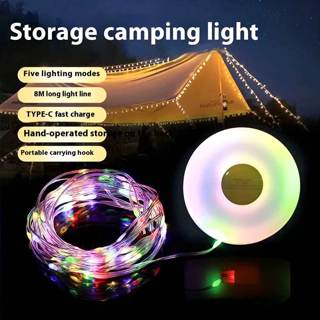 Rechargeable outdoor string lights with 30 LED beads on an 8 metre cord, shown in warm white and colourful light settings.
