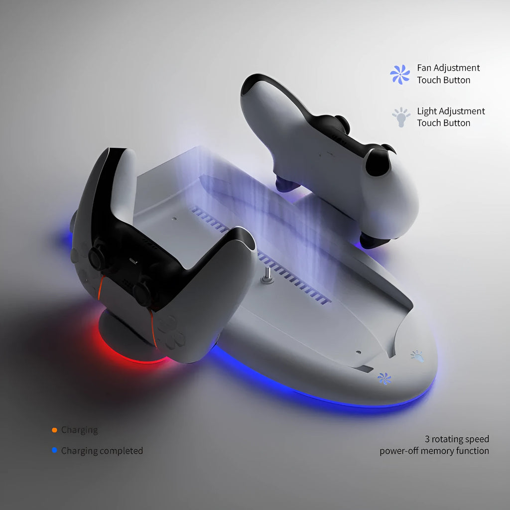 White PS5 charging base with RGB lights, cooling fan and fixed controller charging belt