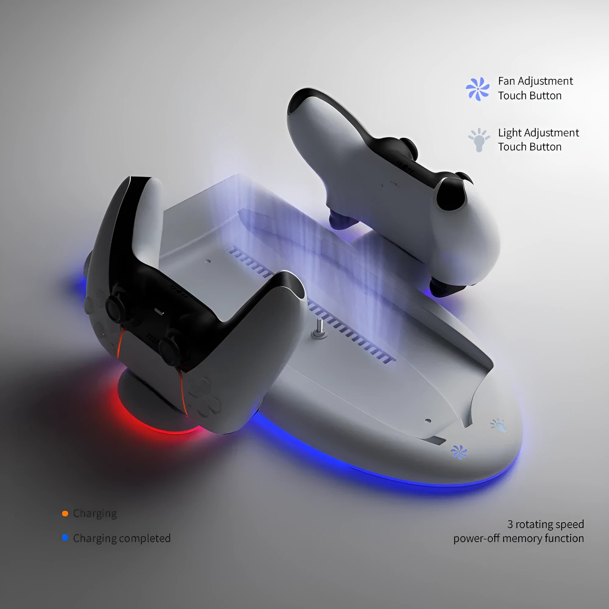 White PS5 charging base with RGB lights, cooling fan and fixed controller charging belt