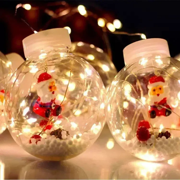 10-piece LED Christmas curtain lights with fairy ball lamps showing snowman, elder, and Christmas tree designs
