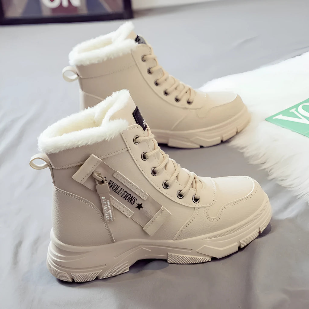 Women's plus size knee-high snow boots with lace-up front in black, khaki, or white with contrasting lining.