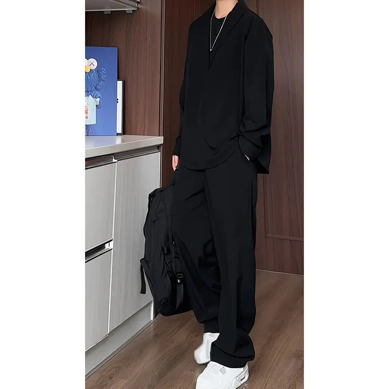 Men's casual long sleeve polo shirt and trousers two-piece set in slim fit