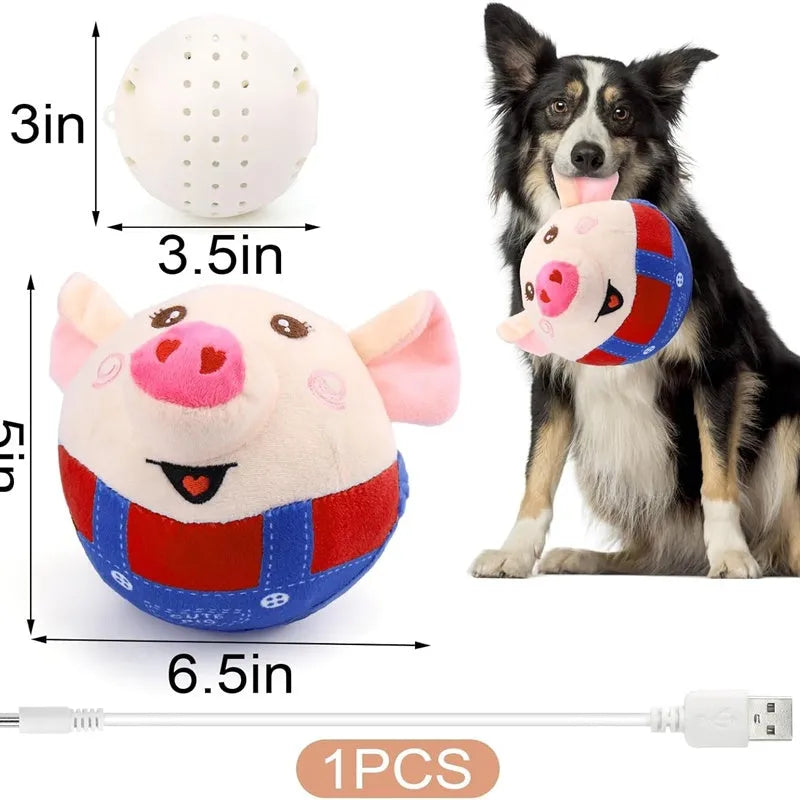 Plush pig dog toy with electric jumping ball, USB rechargeable, Blue and Red options
