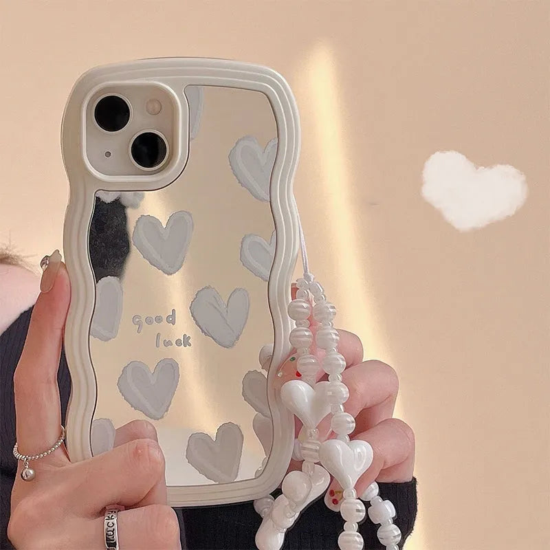 White wave edge silicone phone case with heart mirror and bracelet for Samsung Galaxy models