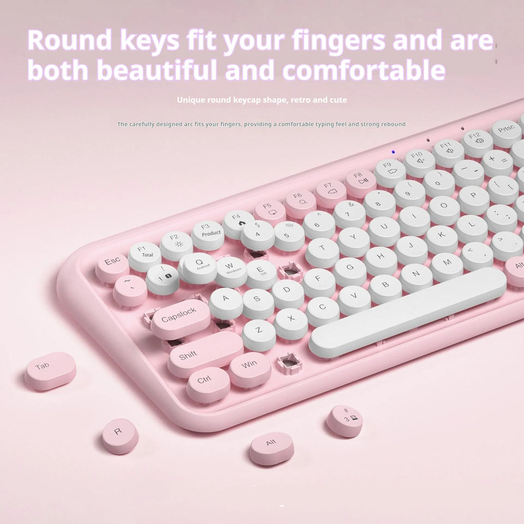 Pink wireless Bluetooth keyboard with 84 keys showing crater architecture buttons