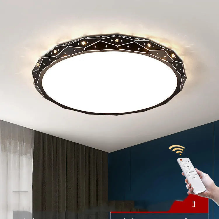 Round modern LED ceiling light with an iron frame in black or white, shown in a room setting.