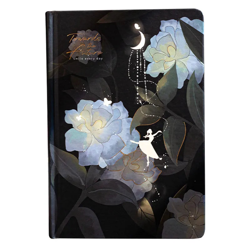 A5 notebook with luminous cover open to show colour illustrated pages, available in four colours.