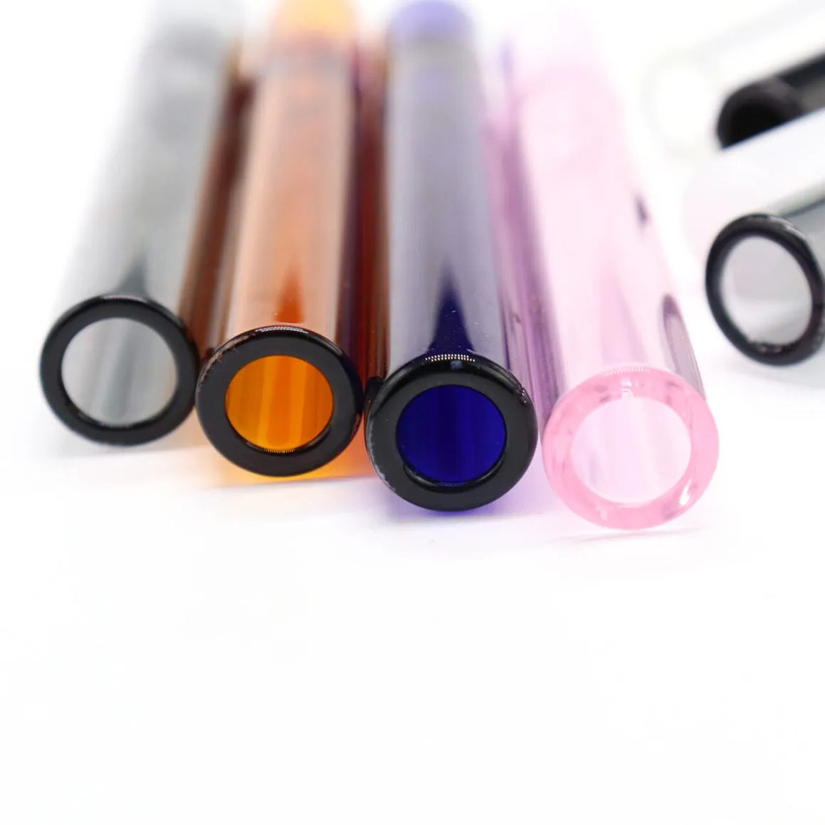 Clear glass telescopic smoke pipe with straight suction nozzle showing transparent colour-mixing effect