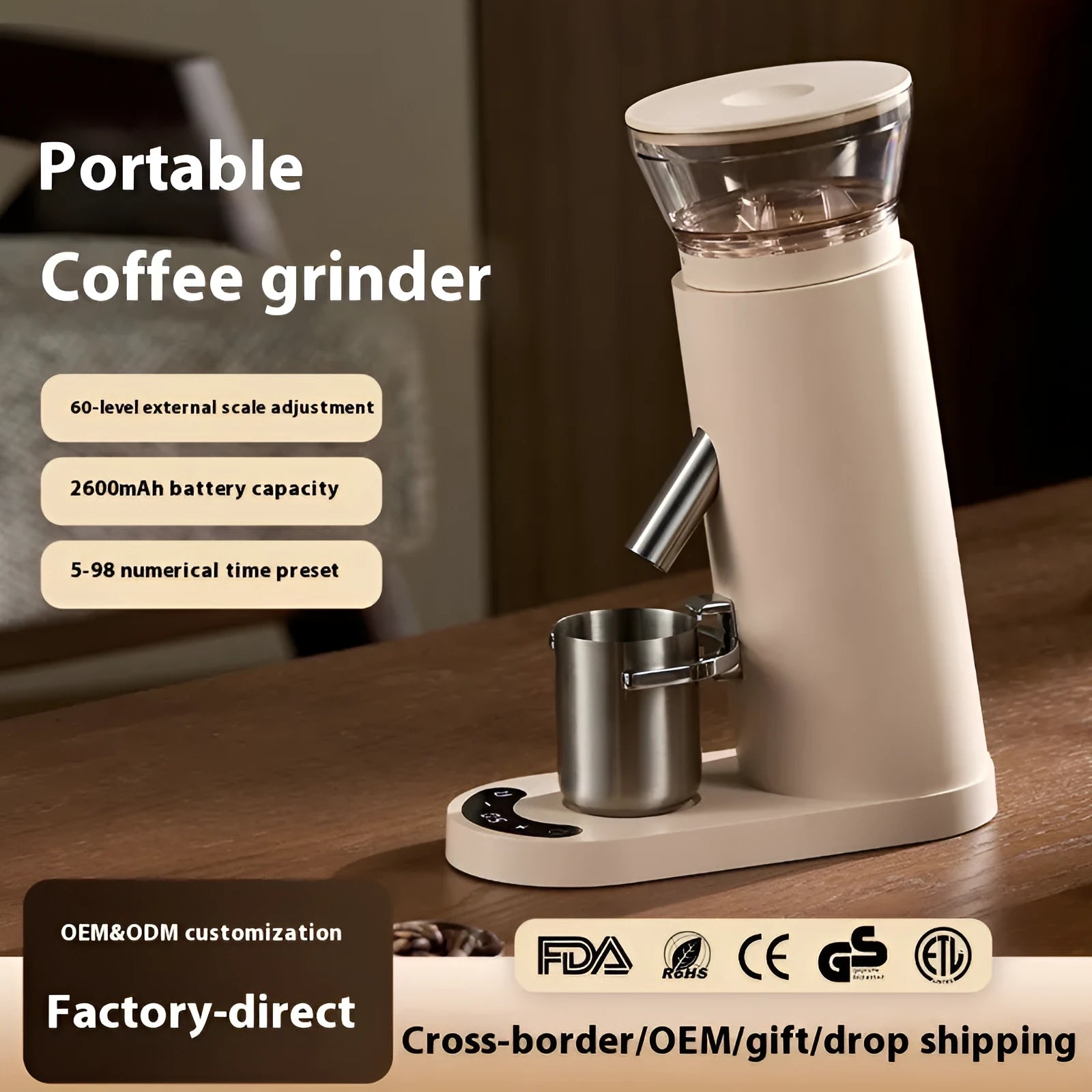 Portable stainless steel electric coffee grinder in beige and black retro styles.