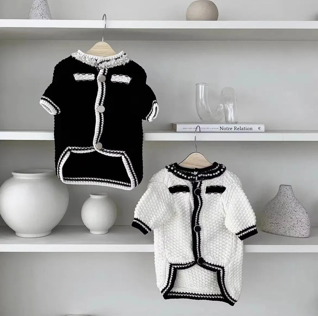 Korean style white puppy sweater with pearl collar detail on small dog