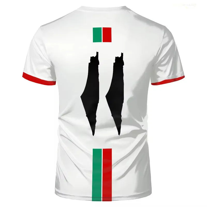Men's black football t-shirt with 3D printed pattern, half sleeve spandex top on mannequin