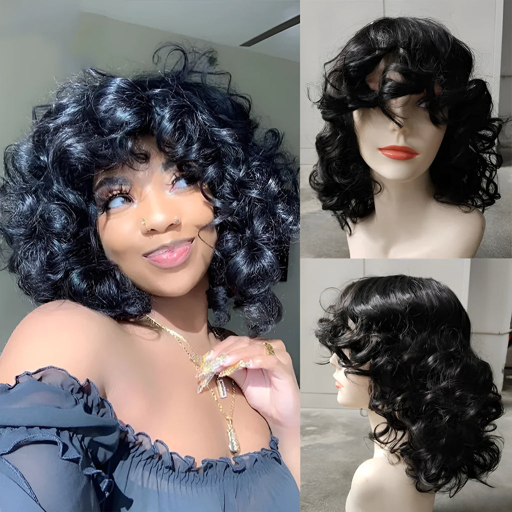 A woman wearing a long, black synthetic wig with tight Afro-textured curls.