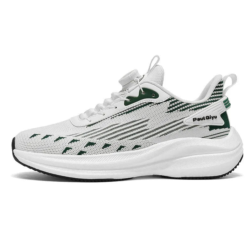 Men's white green Fly-kit mesh running shoes with rotating buckle and lace-up closure on TPU sole
