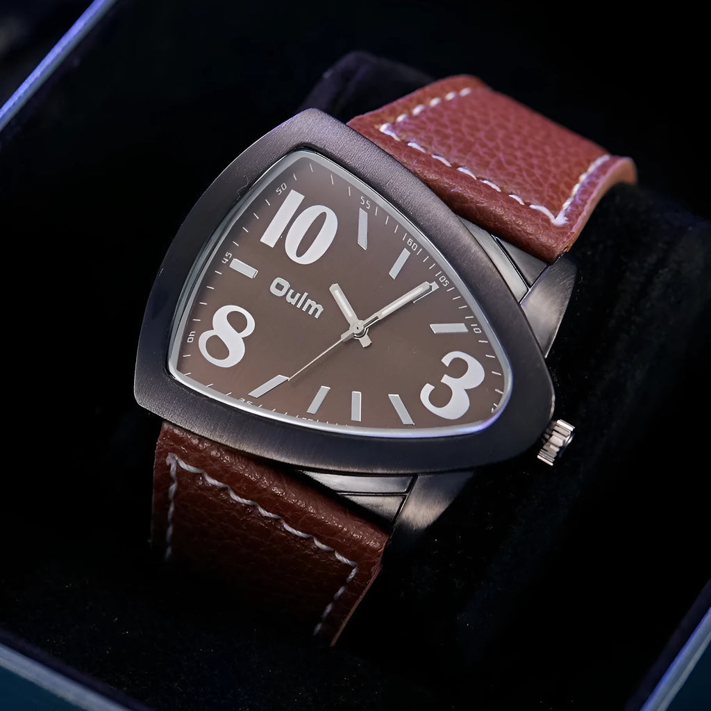 Men's casual triangle belt quartz watch with leather strap in brown colour option