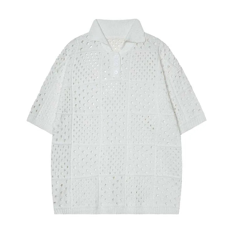 Black and white short-sleeved polo shirt with a hollow knit and loose cardigan style for teenagers.