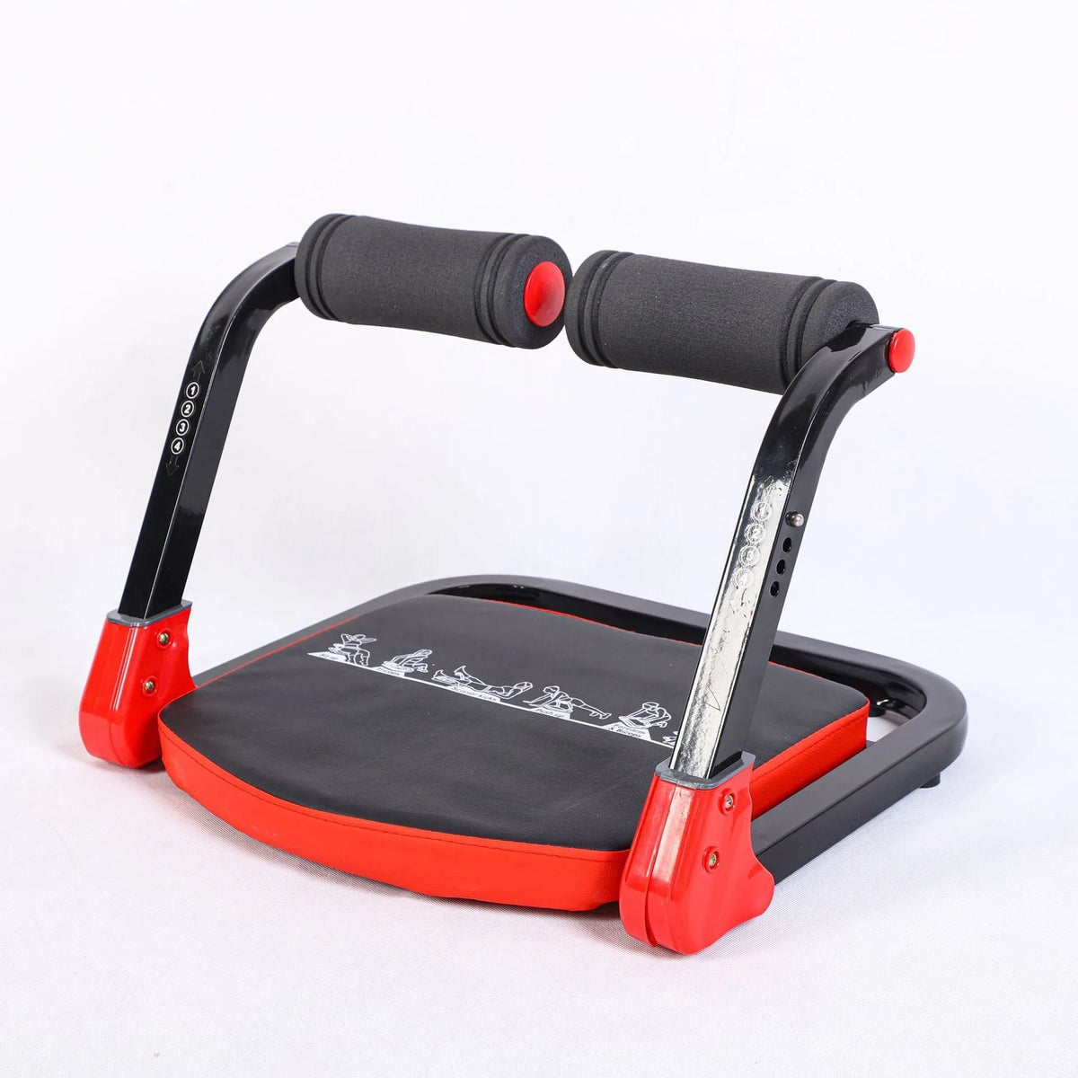 Sky blue and red portable mini abdominal exercise device for home, office, and outdoor use.