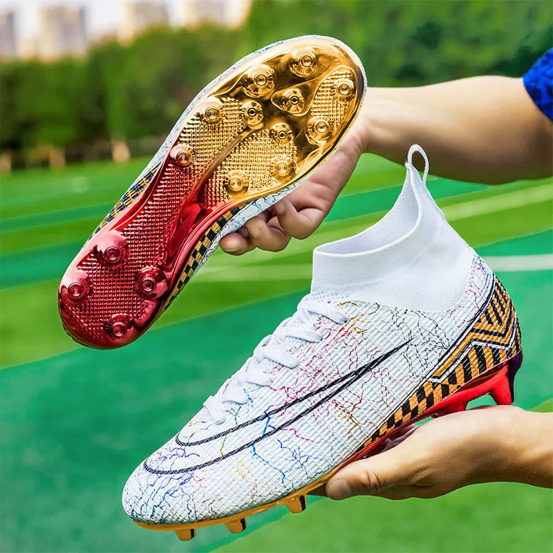 High-top football training shoes with gold-plated sole and synthetic leather upper in mandarin duck colour