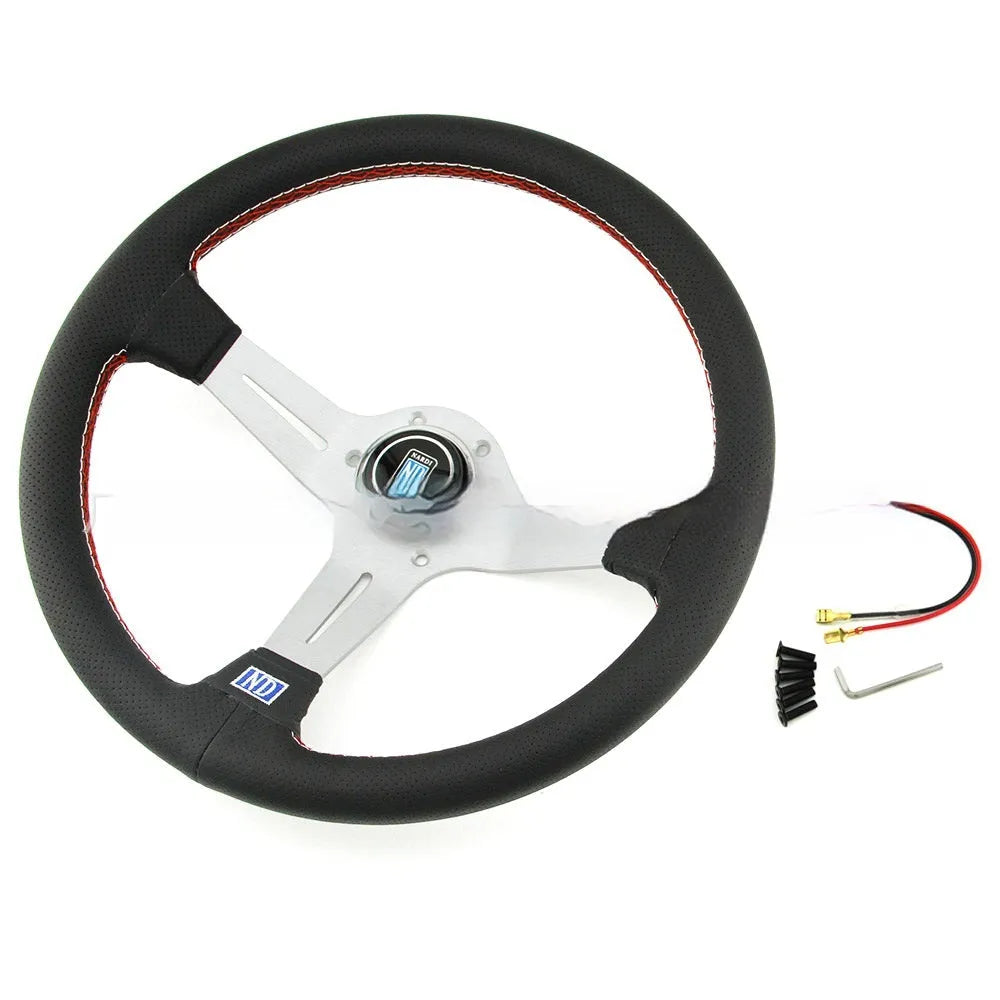 14-inch leather steering wheel with concave middle section and silver-black colour scheme