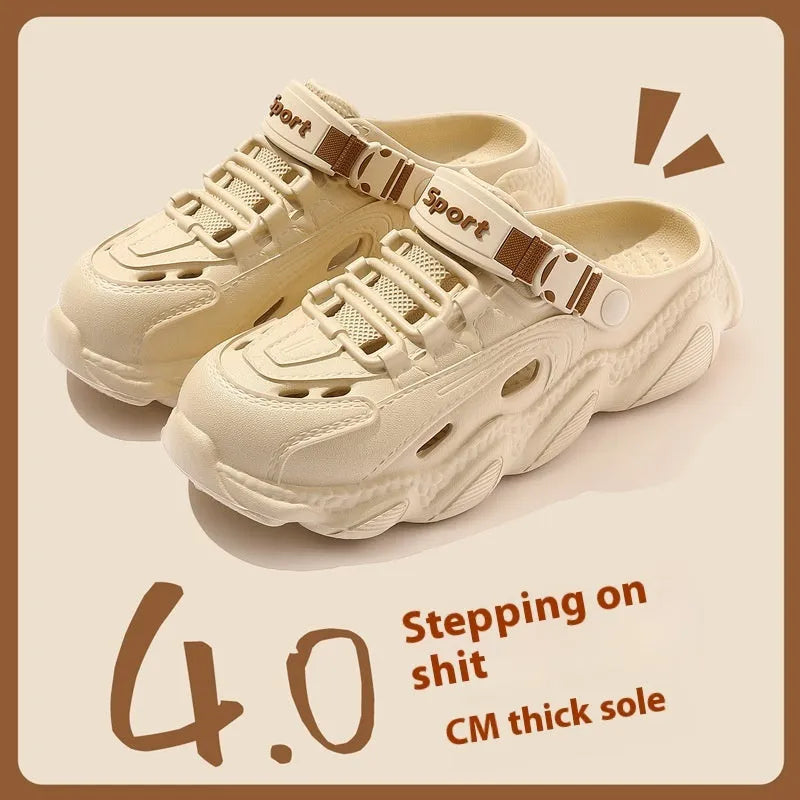 Men's khaki outdoor summer slippers with hollow-out design on an EVA sole.
