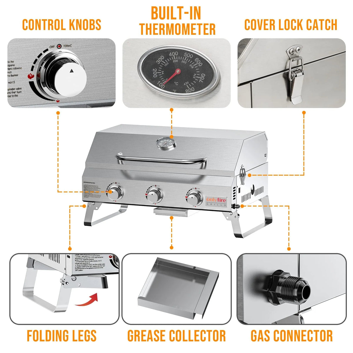 Silver stainless steel desktop gas barbecue grill with three burners and foldable legs