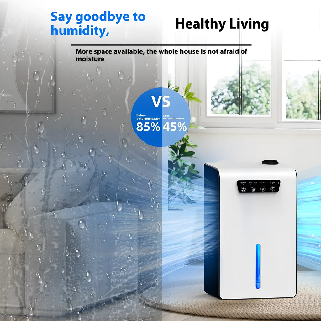 Milk white compact household dehumidifier with water tank on a bedroom floor.