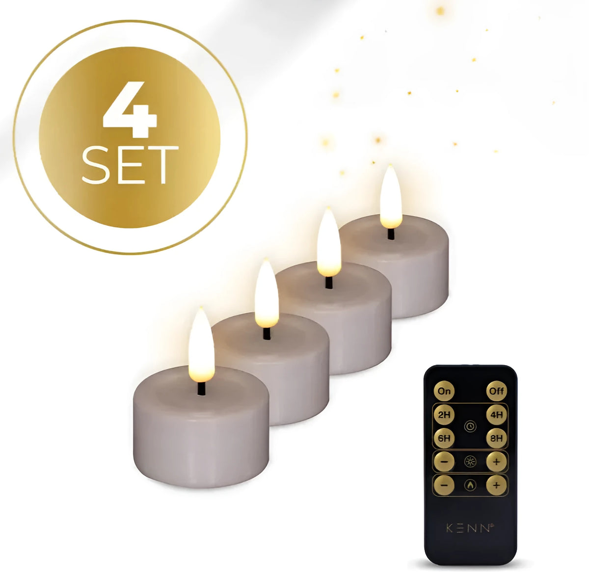 Set of four taupe coloured LED tealight candles with realistic flame flicker effect