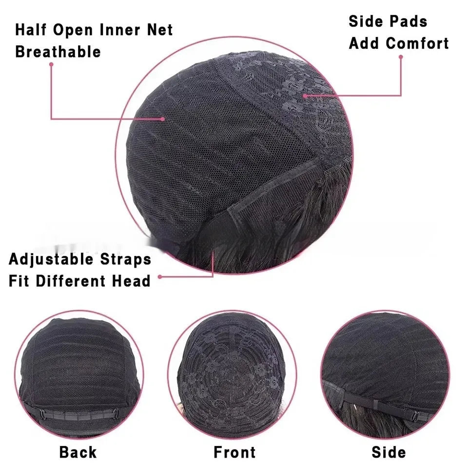 Natural colour human hair full-mechanism wig showing length options from 8 to 32 inches