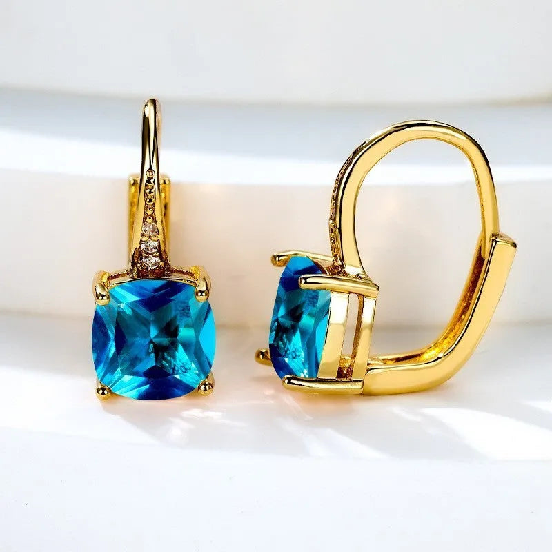 Geometric square zircon earrings with Korean style ear hook design in electroplated copper