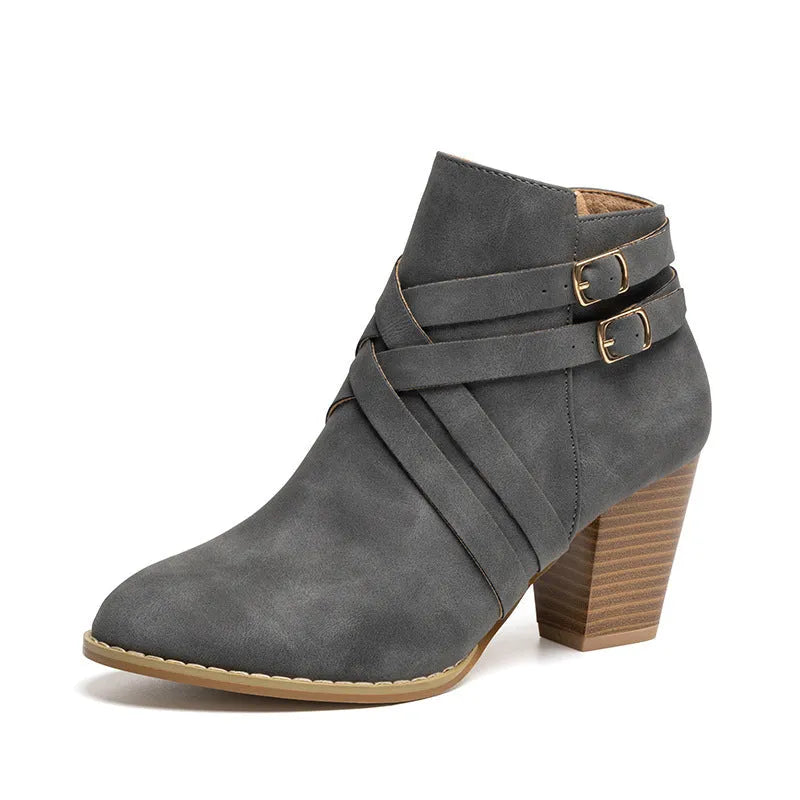Plus size women's grey short ankle boots with 7cm chunky heel and side zipper detail