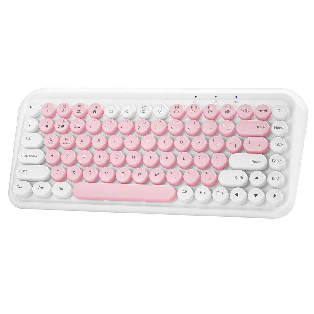 Pink wireless Bluetooth keyboard with 84 keys showing crater architecture buttons