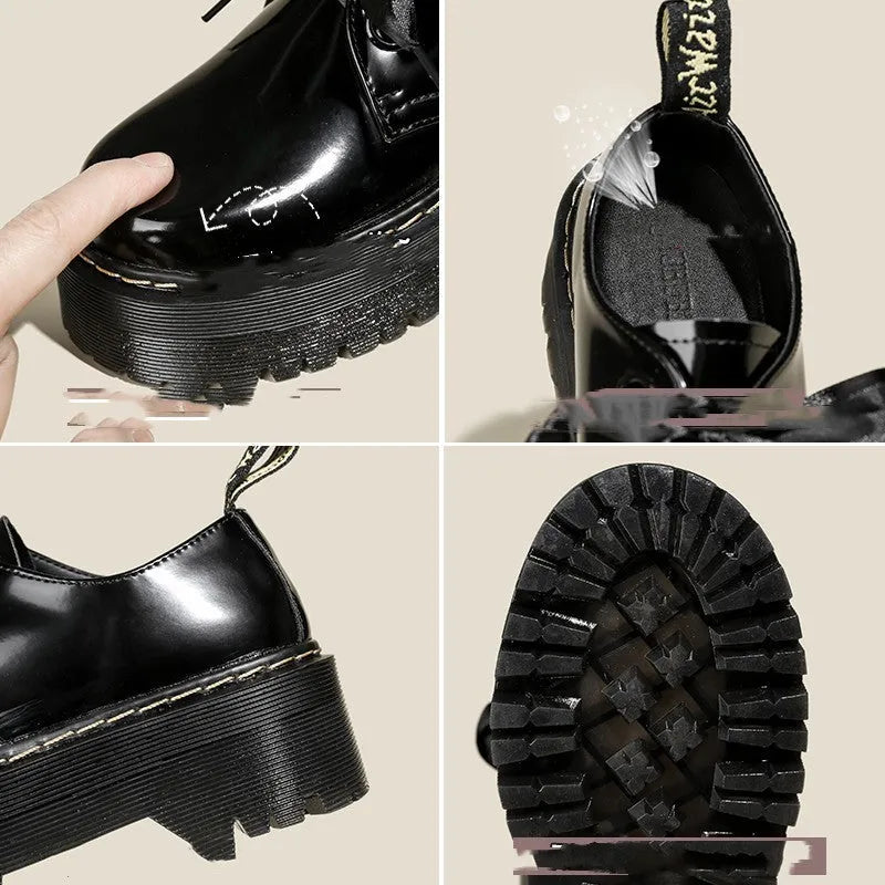 Women's black leather shoes with thick sole, cross strap, and ribbon lacing closure