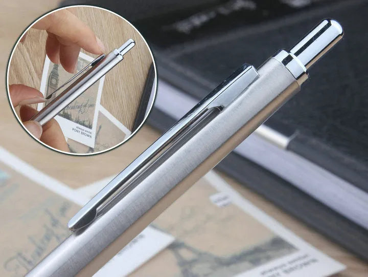 Metal automatic mechanical pencil shown with various lead size options including 0.5mm, 0.7mm, and 2.0mm.