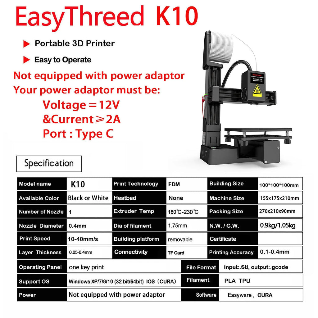 White EasyThreed K10 3D printer with 175mm build volume for TPU and PLA materials