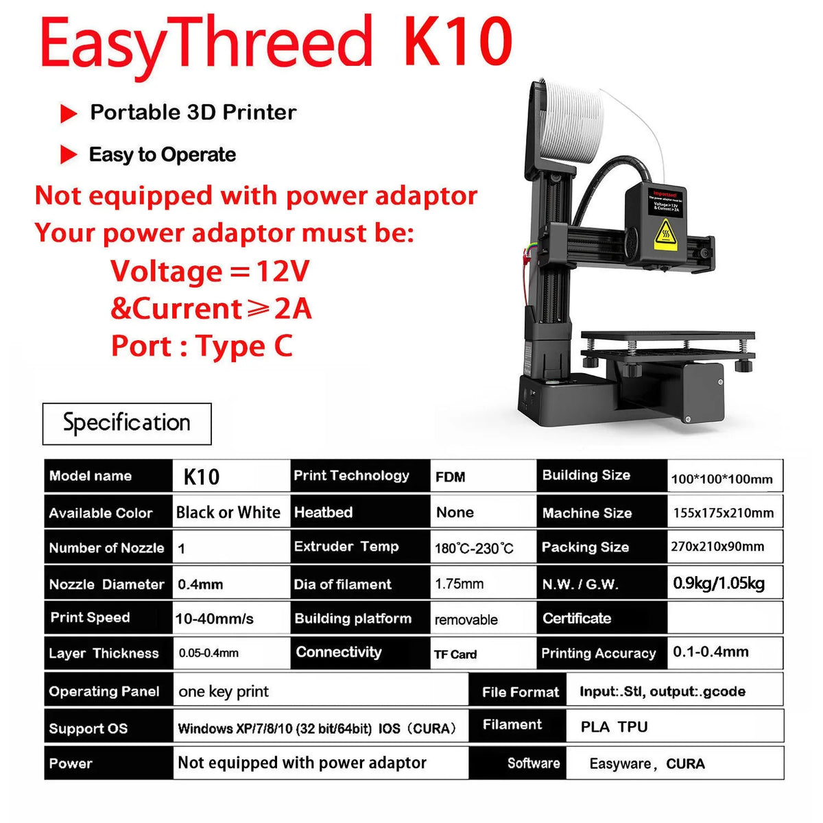 White EasyThreed K10 3D printer with 175mm build volume for TPU and PLA materials