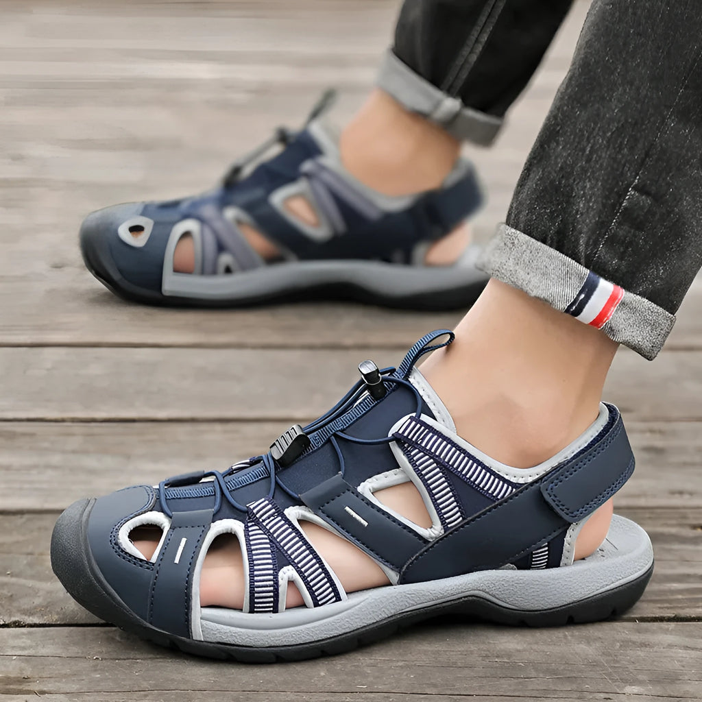 Men's blue outdoor casual sports shoes with Velcro closure and mesh upper
