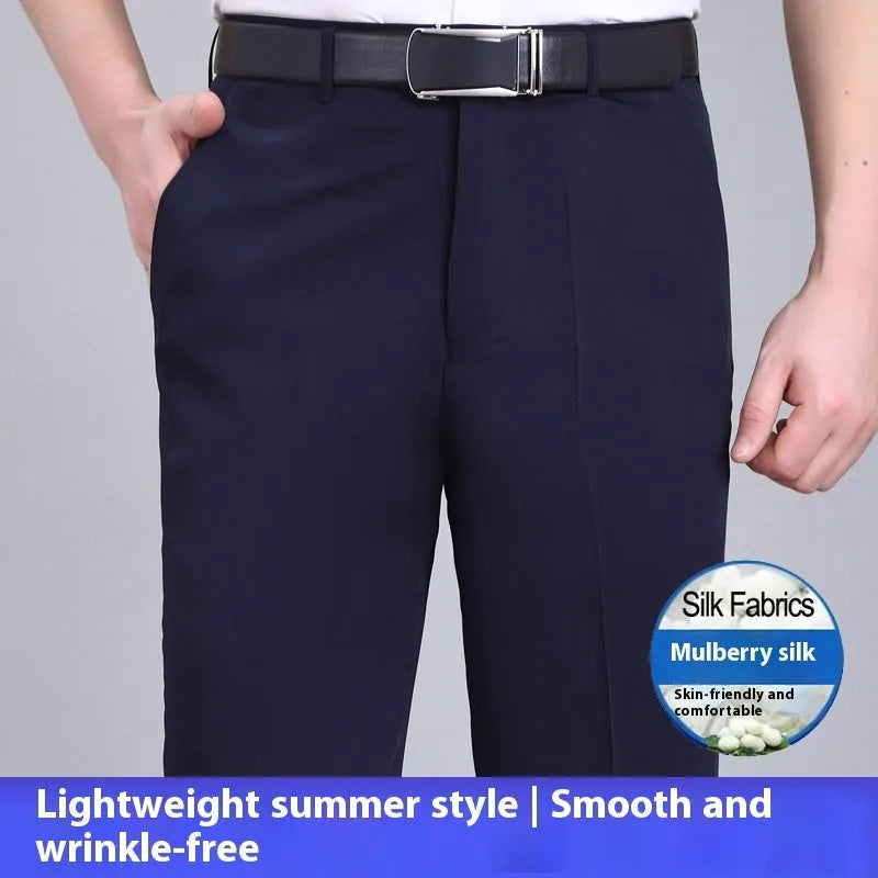 Men's straight-leg business trousers in mulberry silk blend with high waist and non-iron fabric