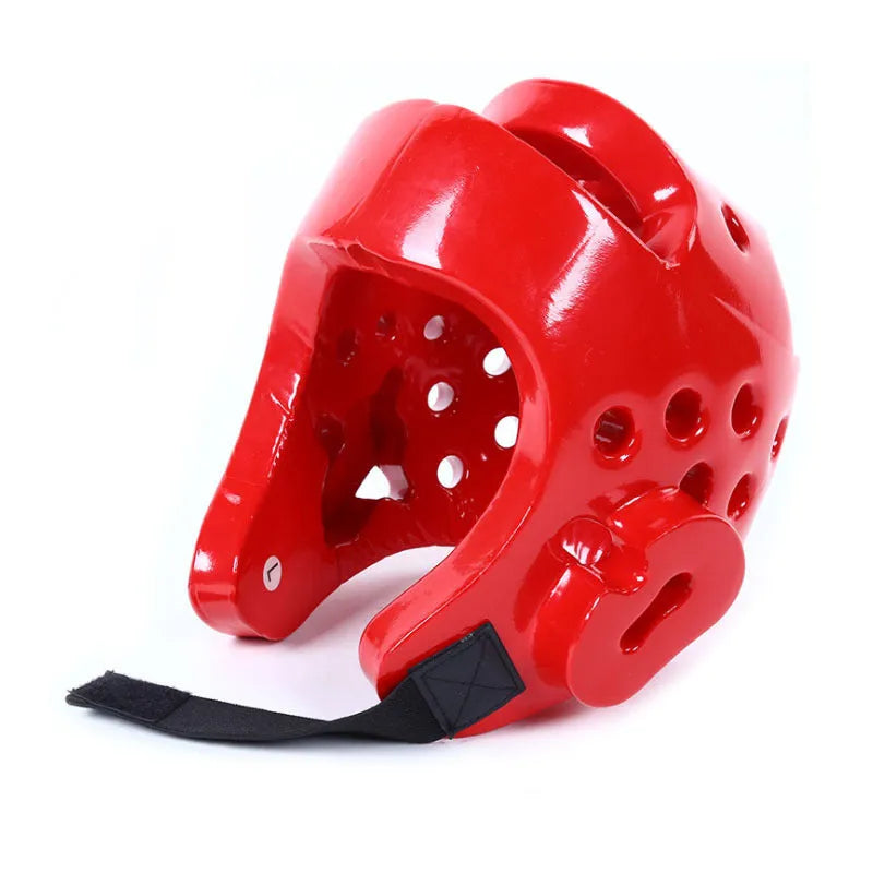 Red and blue martial arts protective gear set showing leg guards and a helmet on a white background.
