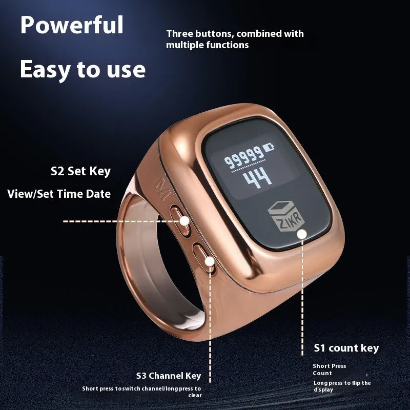 Al-fatiha Zikr electronic counter with digital display in choice of six colours and three band sizes.