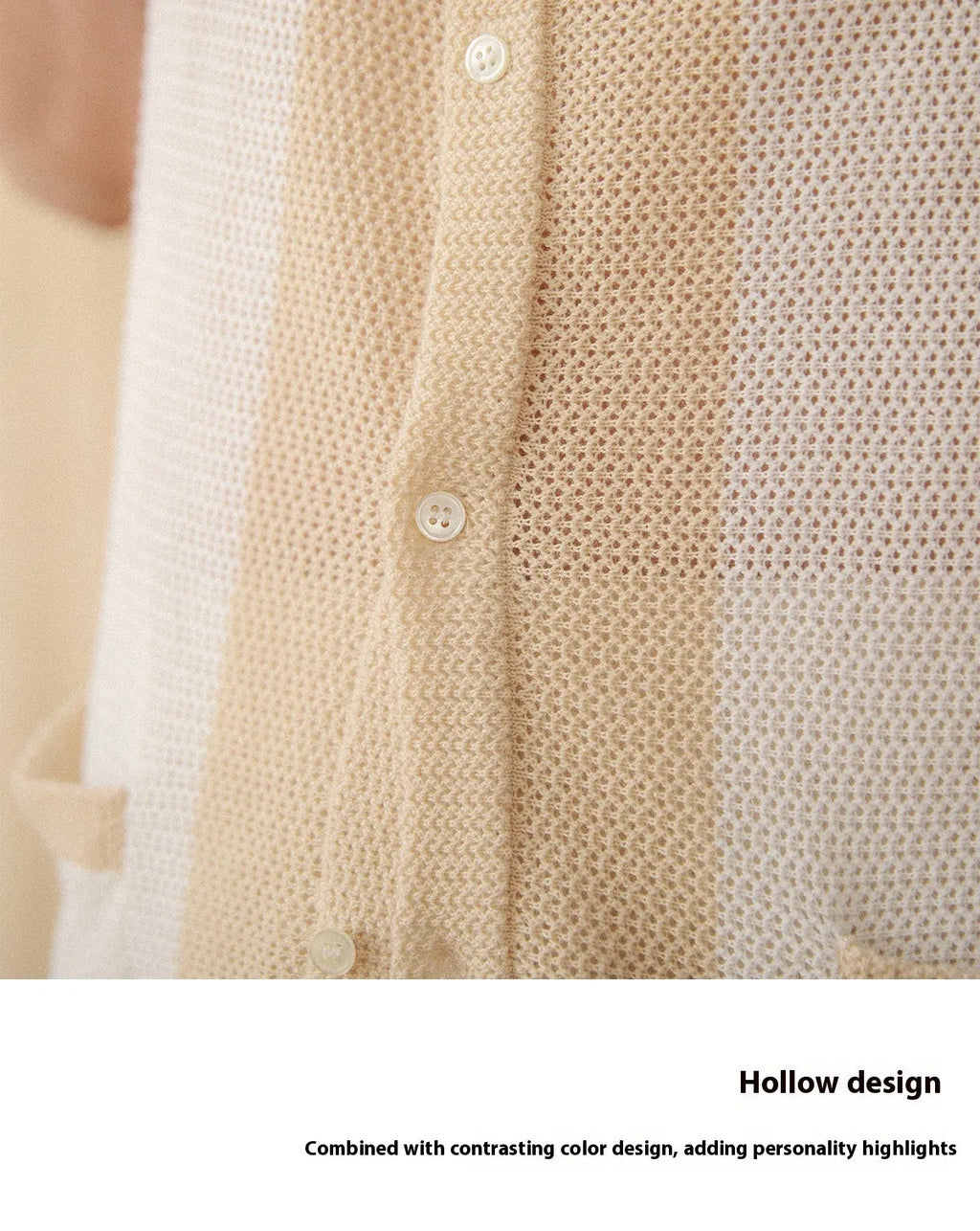 Beige short-sleeved lapel cardigan made from a thin linen and cotton knitted fabric.