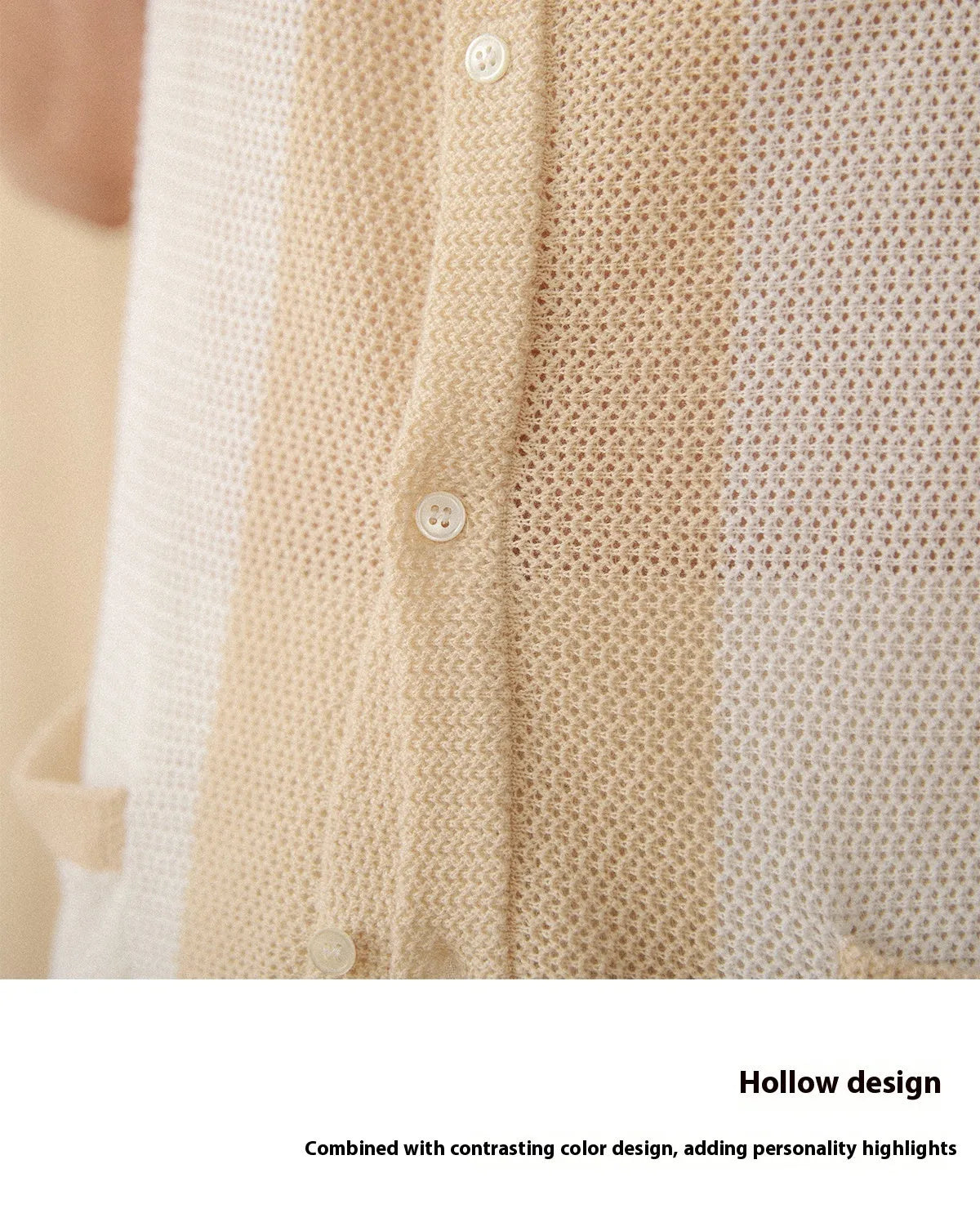 Beige short-sleeved lapel cardigan made from a thin linen and cotton knitted fabric.