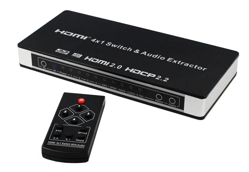 Black HDMI switch unit with remote control for 4-input 1-output video switching with audio separation