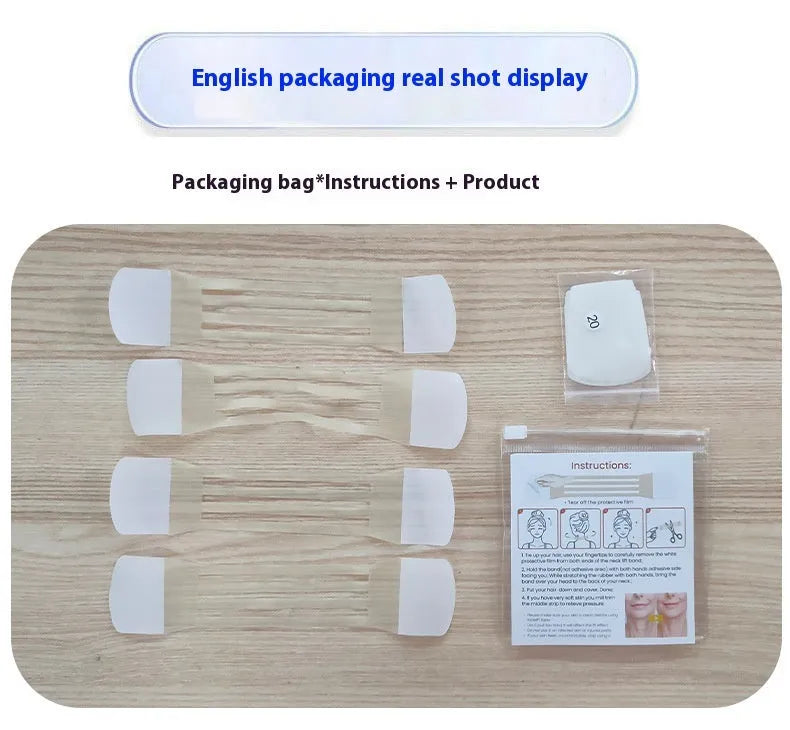 Skin tone neck firming adhesive tape sling with four straps and a pack of twenty patches.
