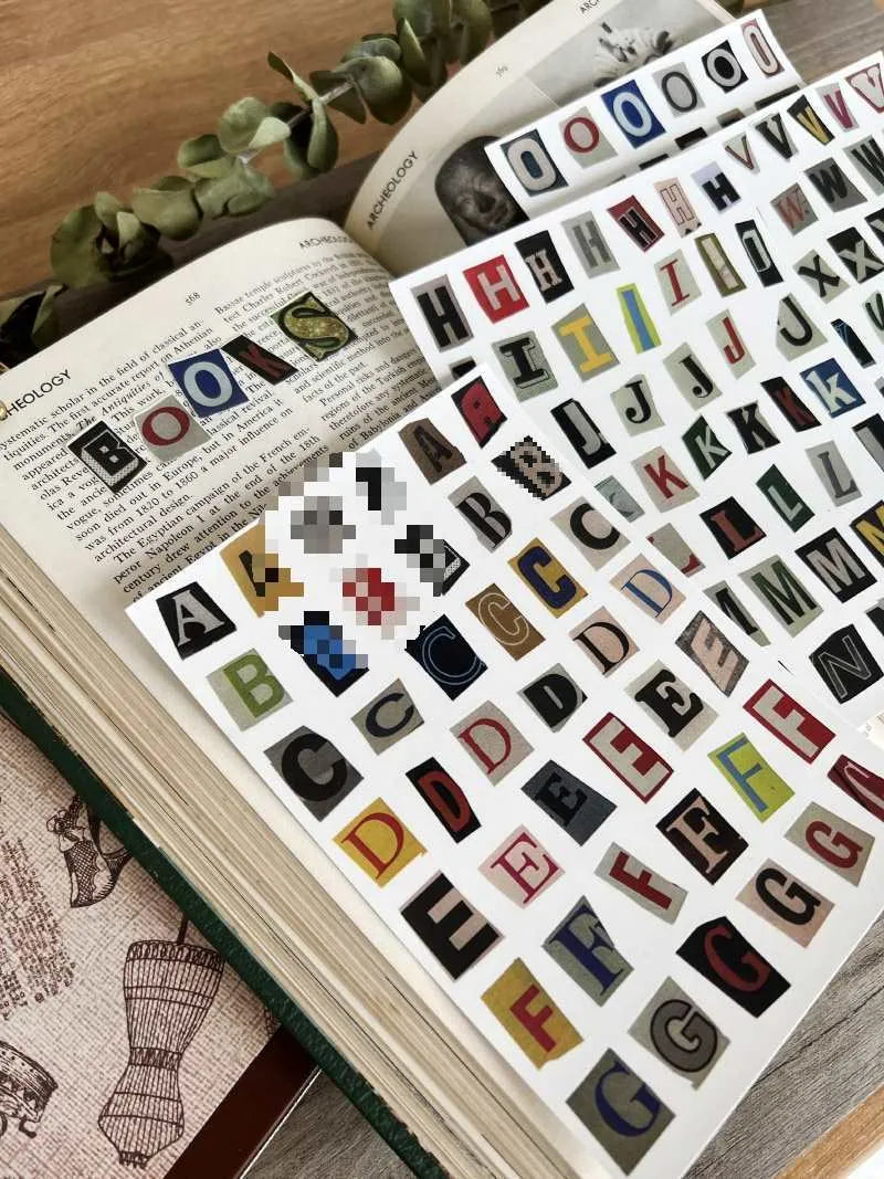 English letters and numbers label stickers in cute printed style for journal and planner decoration