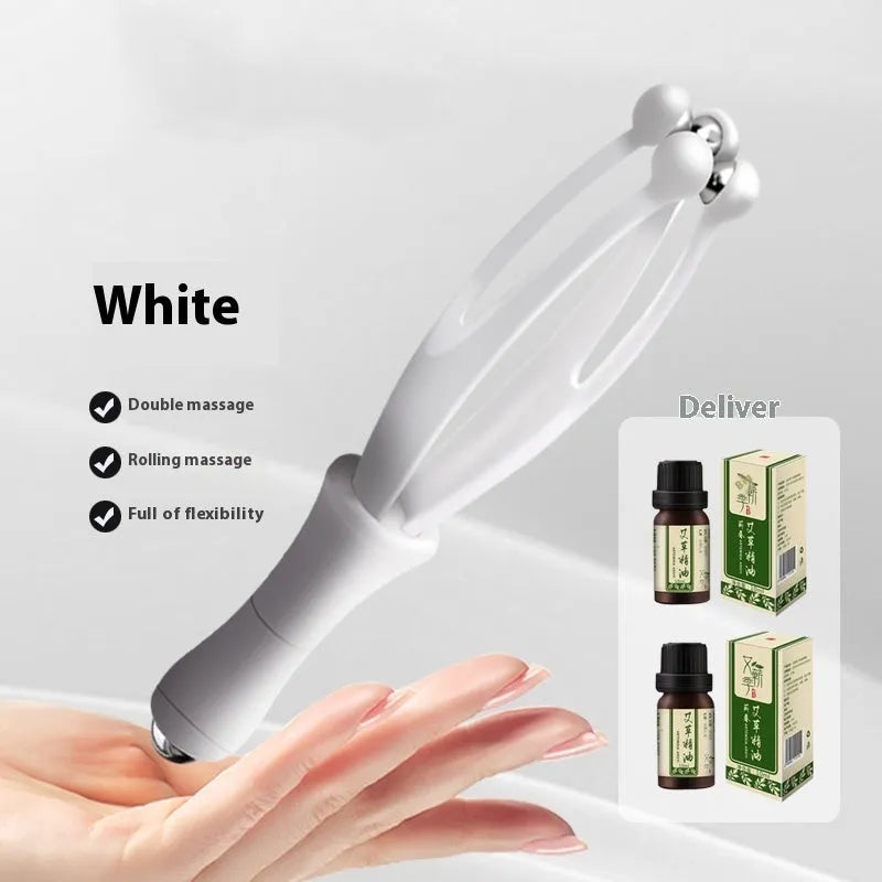 Blue and white steel ball finger massager hand joint roller on a neutral background.