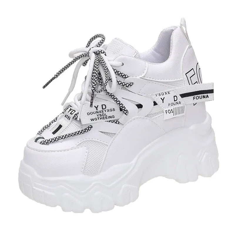 Women's white breathable mesh platform sports shoes with cross strap design and rubber sole