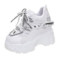 Women's white breathable mesh platform sports shoes with cross strap design and rubber sole