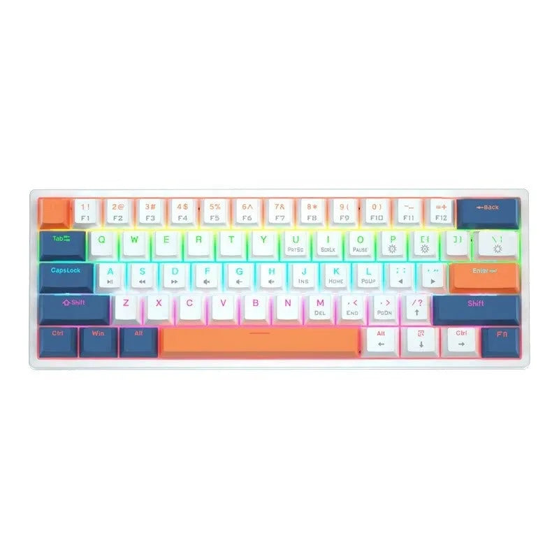 Blue and white 61-key compact mechanical keyboard with hot-swappable switches on black background