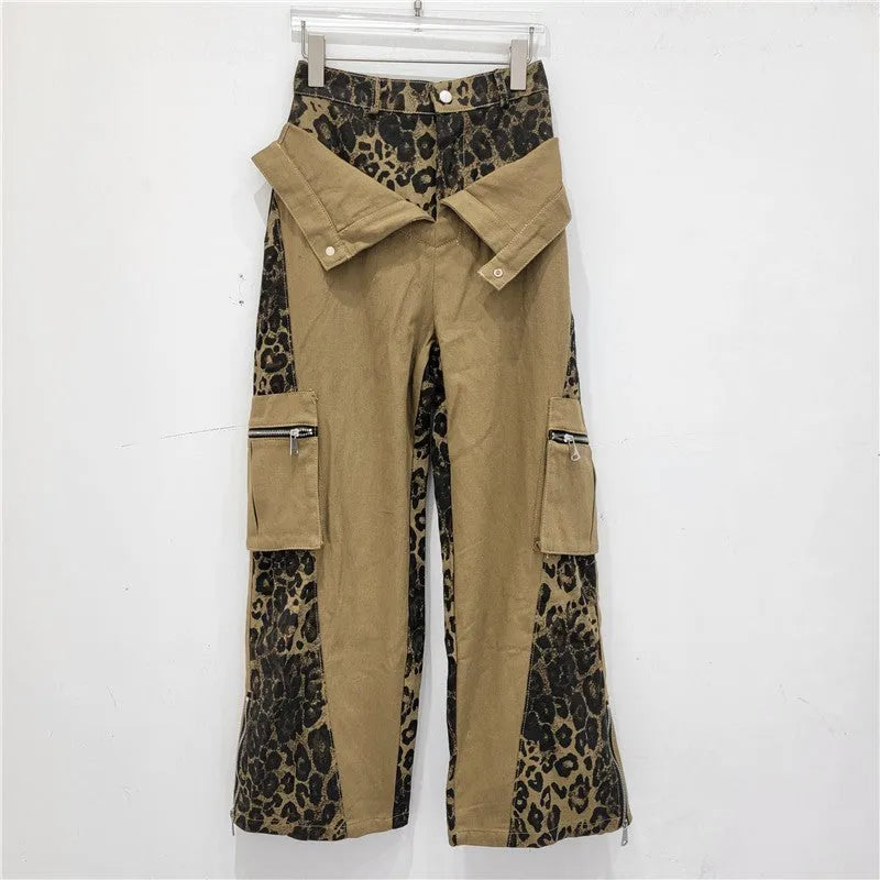 Women's retro high waist straight leg jeans with leopard print pattern on dark khaki denim and tooling style details